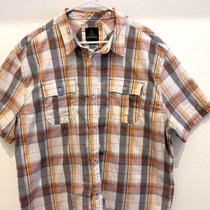 Prana Shirt Mens 2XL Casual Button Up Orange Gray Green Plaid Short Sleeve